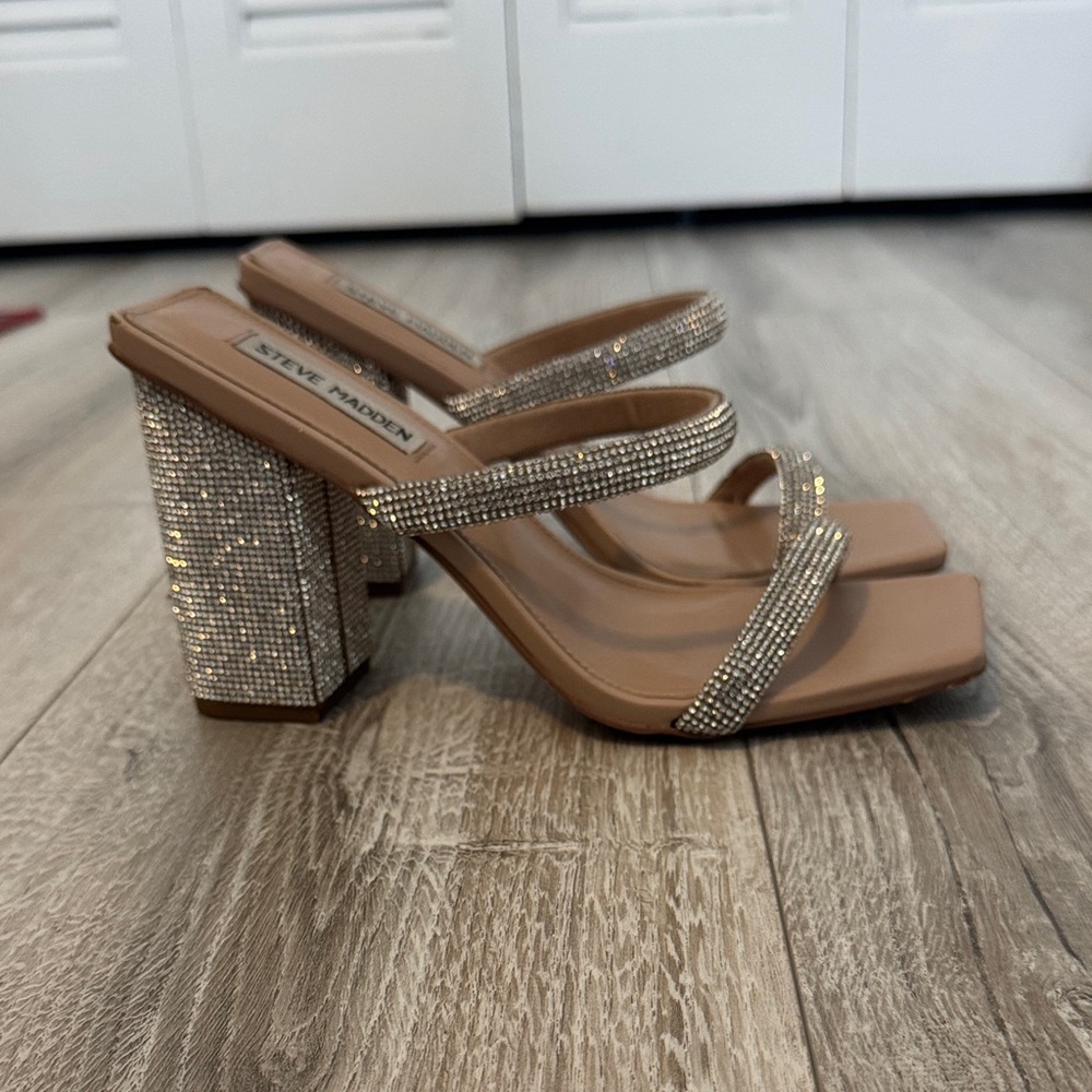 Steve Madden Glittering Silver and Tan Block Heels